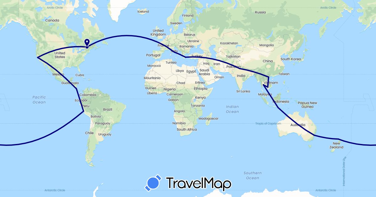 TravelMap itinerary: driving in Australia, Canada, Costa Rica, France, Greece, Indonesia, India, Italy, Cambodia, New Zealand, Peru, Thailand, United States, Vietnam (Asia, Europe, North America, Oceania, South America)